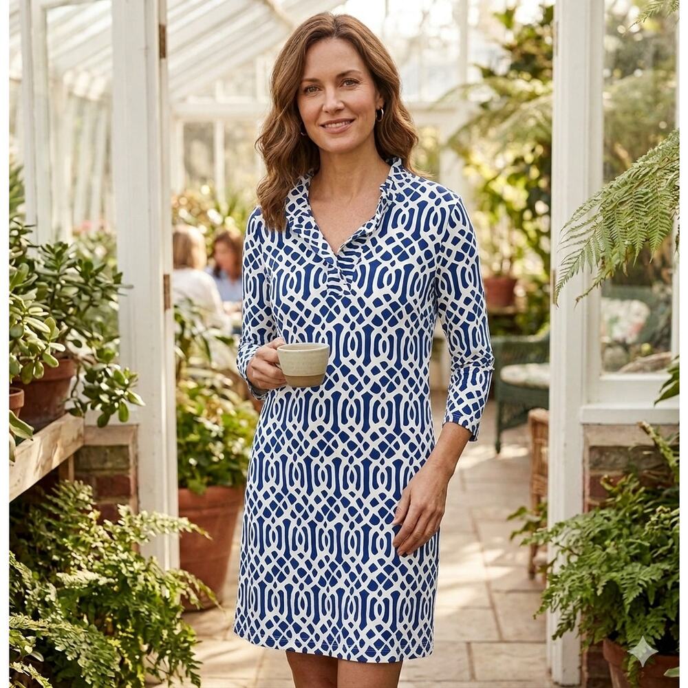 J.McLaughlin Geometric Print 3/4 Sleeve Dress Blue White Size Medium